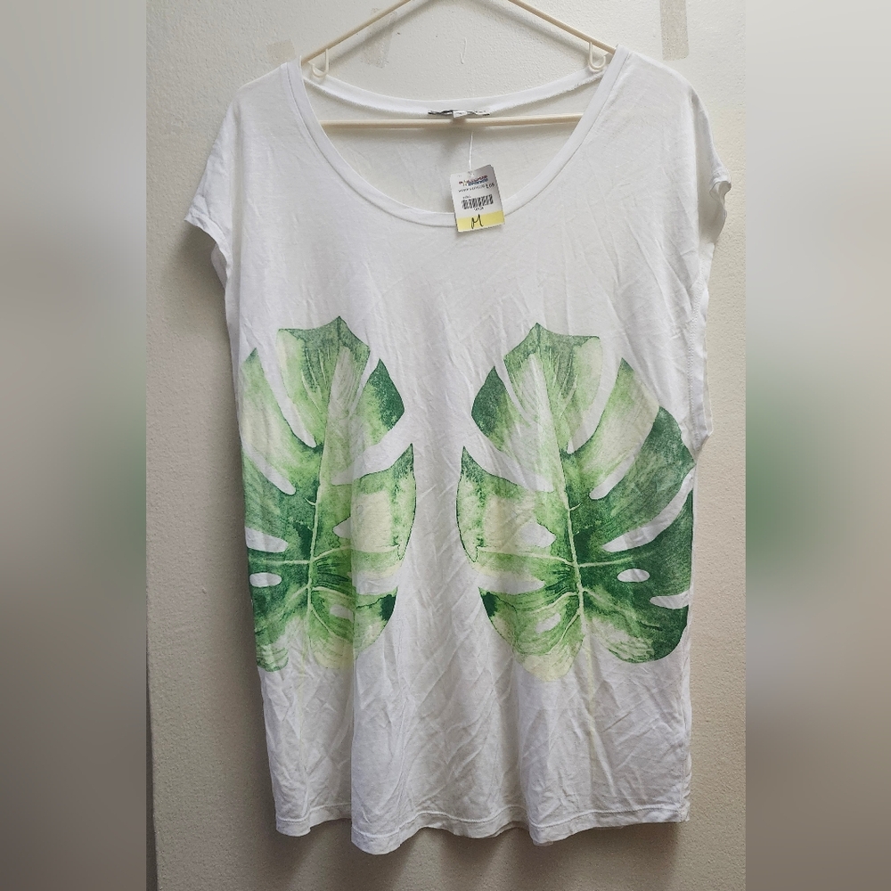 White T-Shirt with Green Leaf Print